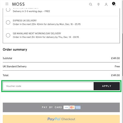 Where to enter your Moss Bros Discount Code