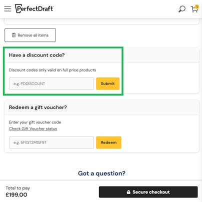 Where to enter your PerfectDraft Discount Code
