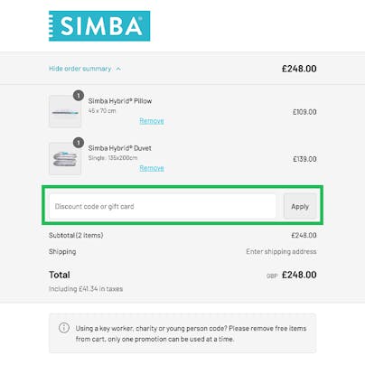 Where to enter your Simba Sleep Discount Code