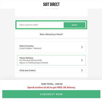 Where to enter your Suit Direct Discount Code