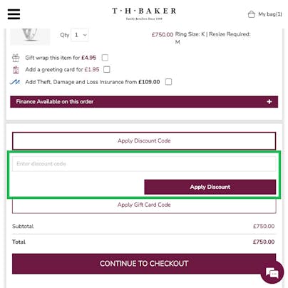Where to enter your TH Baker Discount Code