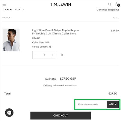 Where to enter your TM Lewin Discount Code