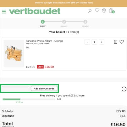 Where to enter your Vertbaudet Discount Code