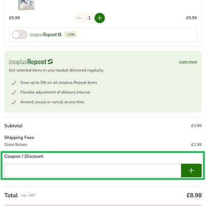 Where to enter your Zooplus Discount Code