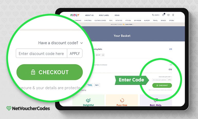 Where to enter your Kidly Discount Code.